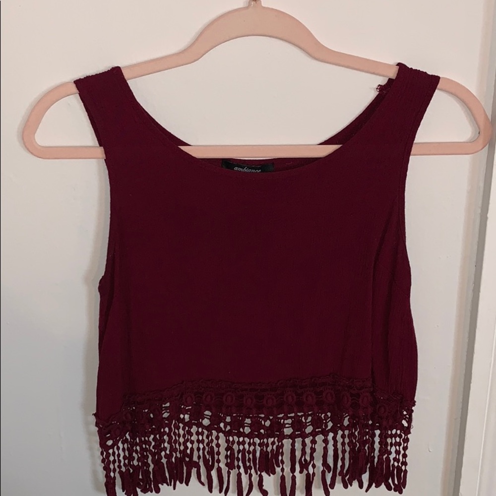 Maroon tank crop top with fringe at the bottom